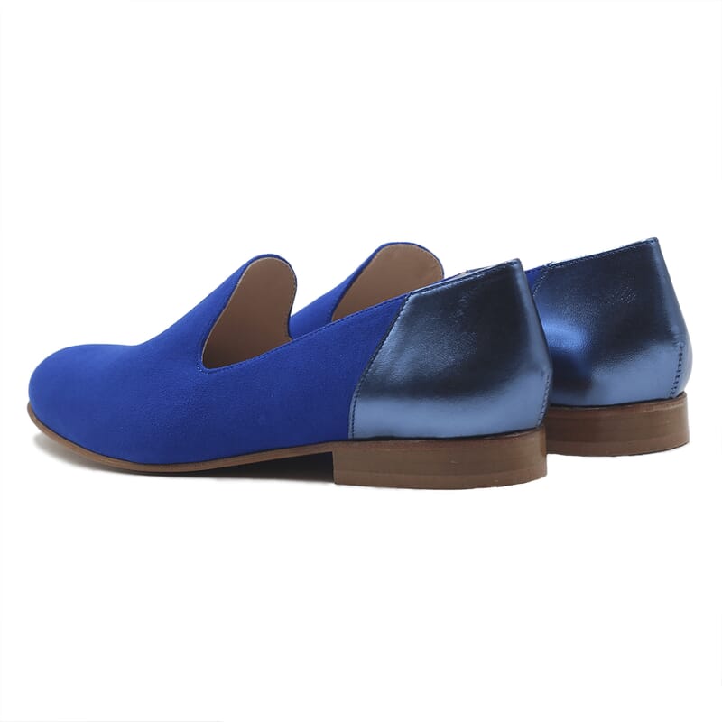 vue arriere slippers classiques cuir daim bleu royal et bleu metallise jules & jenn