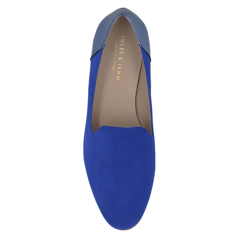 vue dessus slippers classiques cuir daim bleu royal et bleu metallise jules & jenn