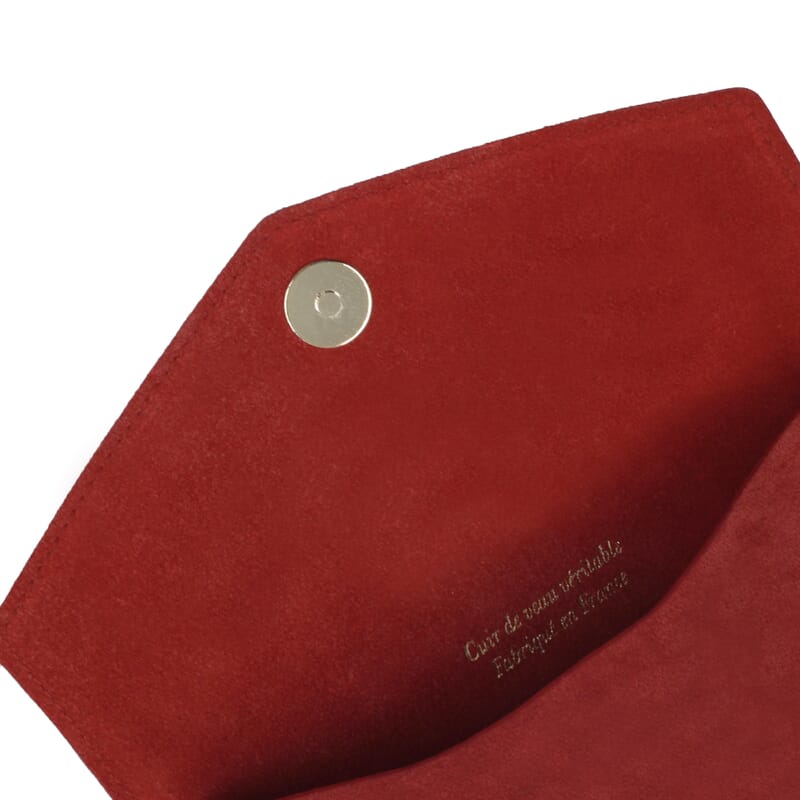 vue rabat pochette enveloppe cuir upcyclé rouge jules & jenn