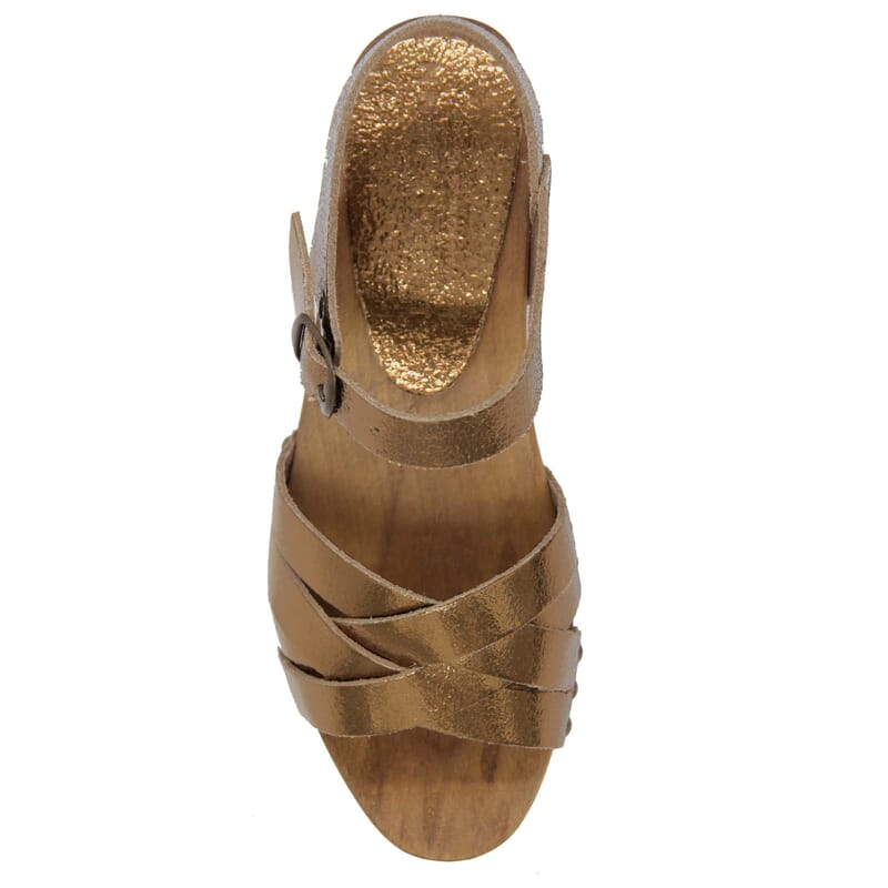 vue dessus sandales talon bois cuir metallise bronze jules & jenn