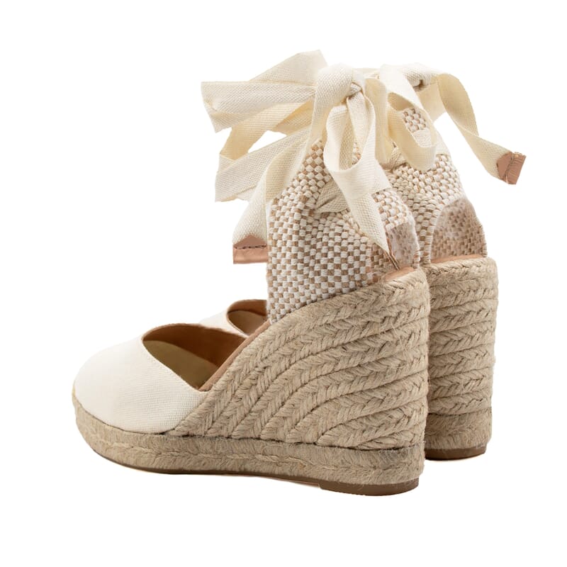 vue arriere espadrilles compensees lacees toile recyclee beige jules & jenn